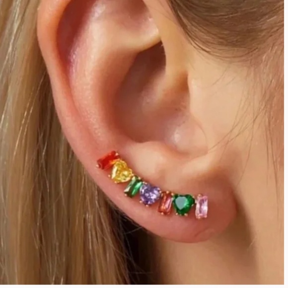 ❤️❤️ FREE Rainbow Gem Gemstone Cuff Ear Climber Boho Peasant Hipster Earrings - Picture 1 of 3